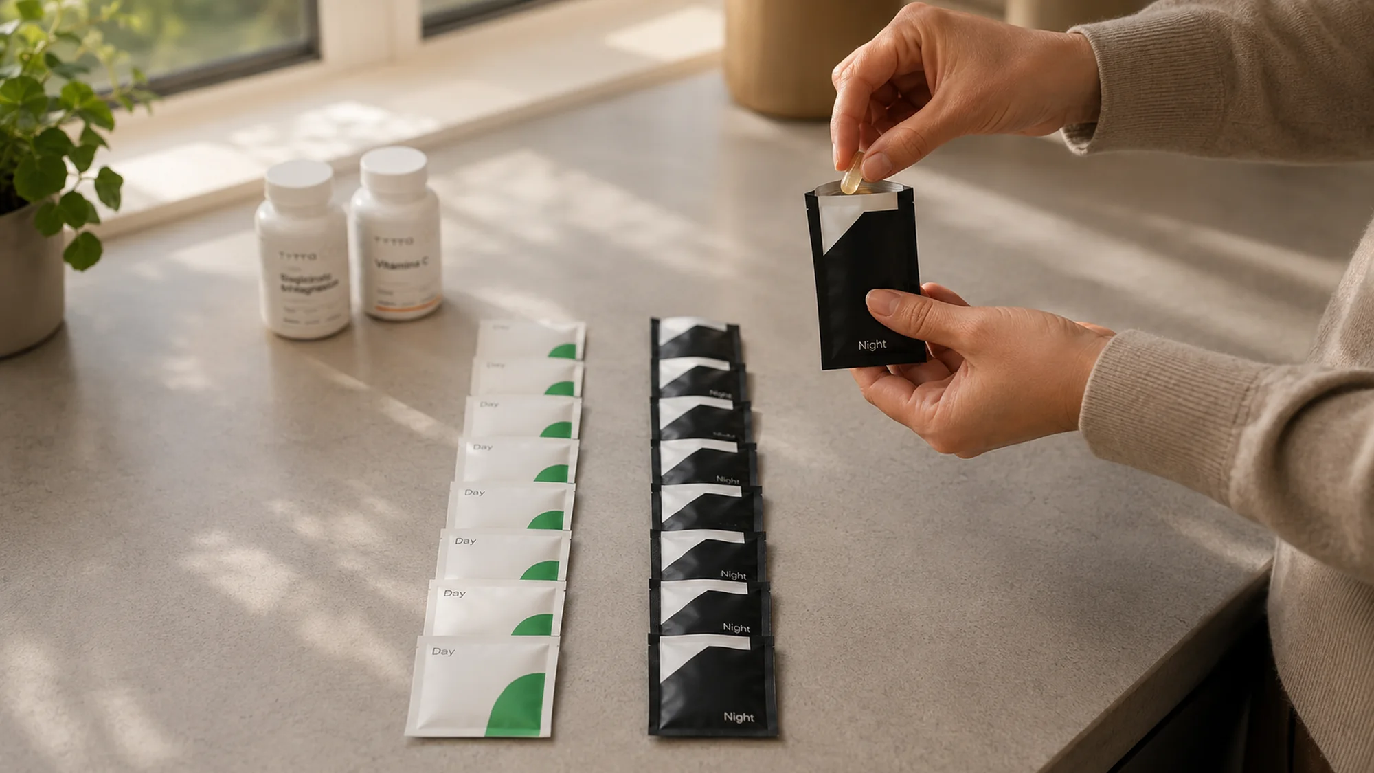 Hands tearing a night sachet, with day and night sachets laid out on a counter
